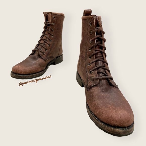 $378 Frye Veronica Combat Distress Brown Leather Lace Up Moto Combat Ankle Boot - Picture 16 of 16
